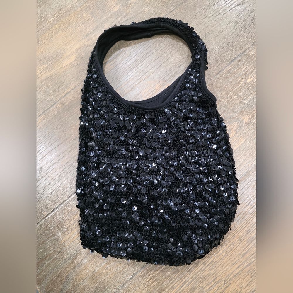 Black Sequin Small Disc Evening Formal Slouchy Shoulder Bag Apt 9 11x17